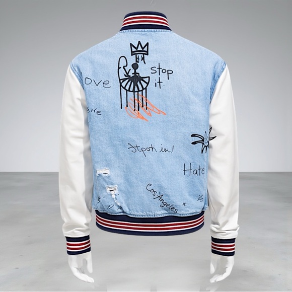 Fashion Nova Men’s Light Blue & White Graffiti Denim Varsity Jacket - Picture 9 of 13